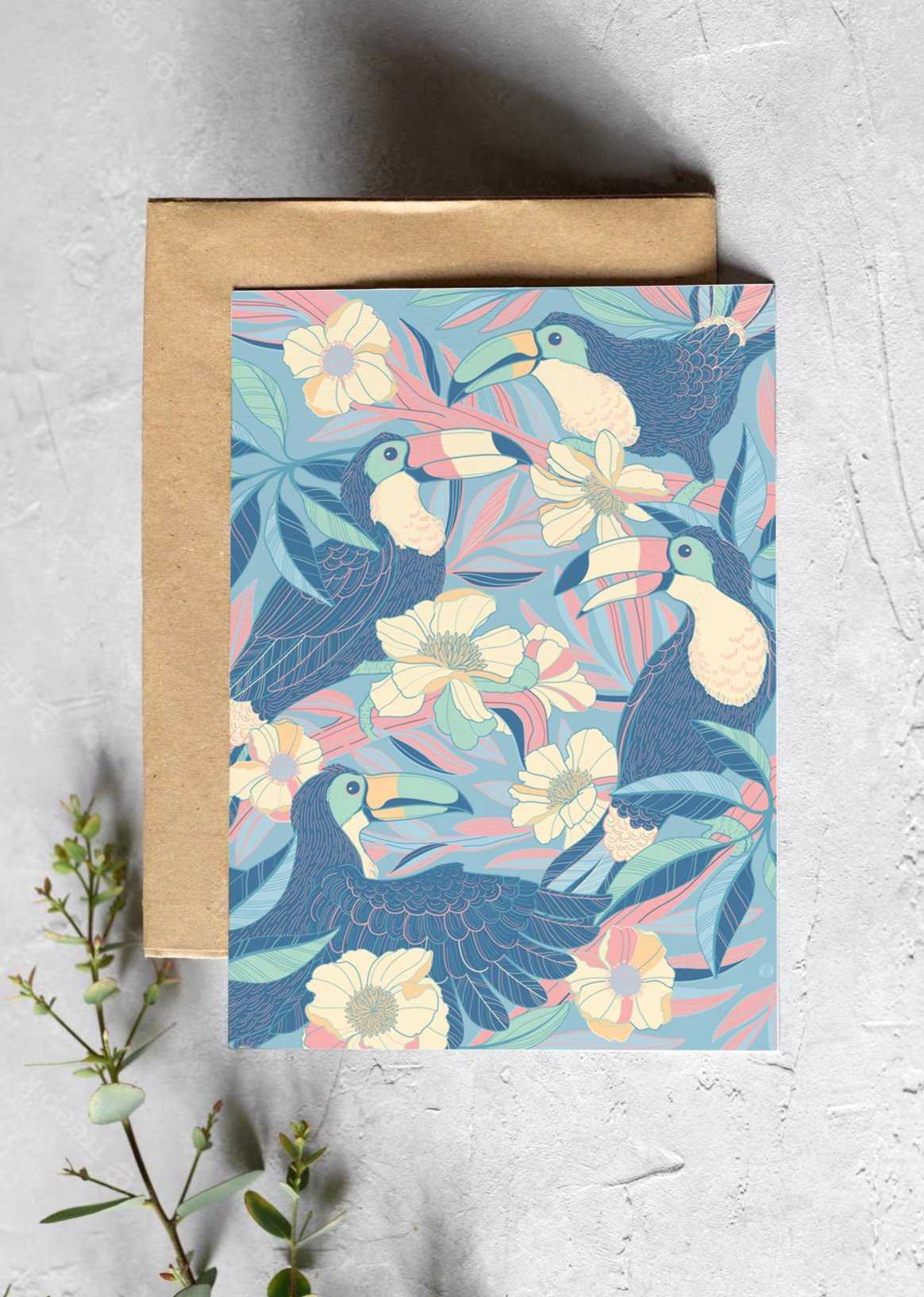 Toucan in Floral Jungle artwork on a card with tropical flowers and leaves, perfect for gifts or decor.