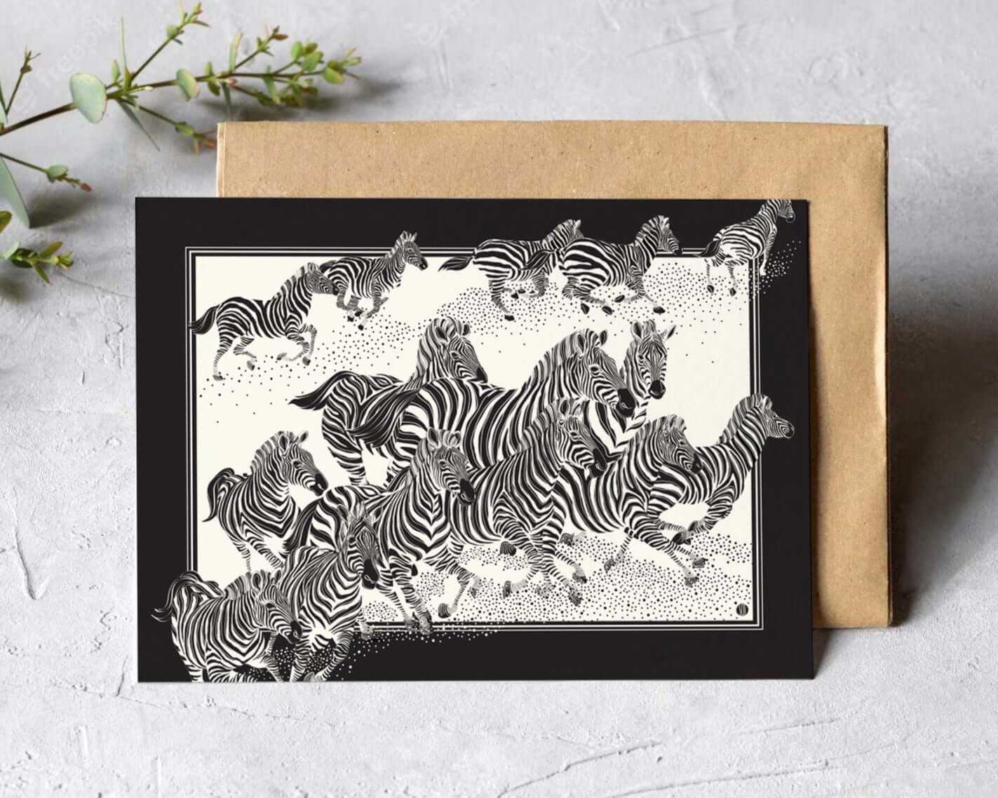 Herd of zebras running across a textured background, showcasing stunning black and white art, perfect for decor.