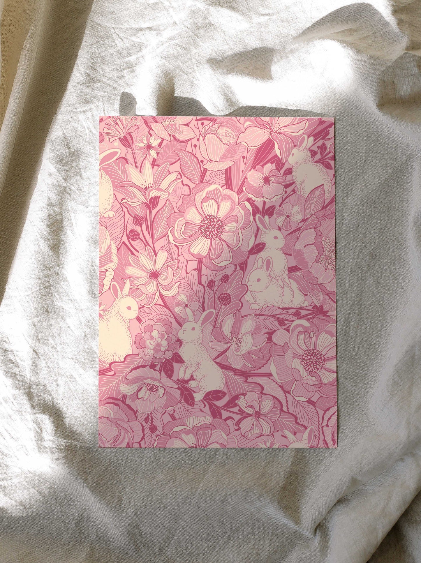 Bunny in Floral Breeze tote bag featuring rabbits and flowers on pink canvas, perfect for everyday use.