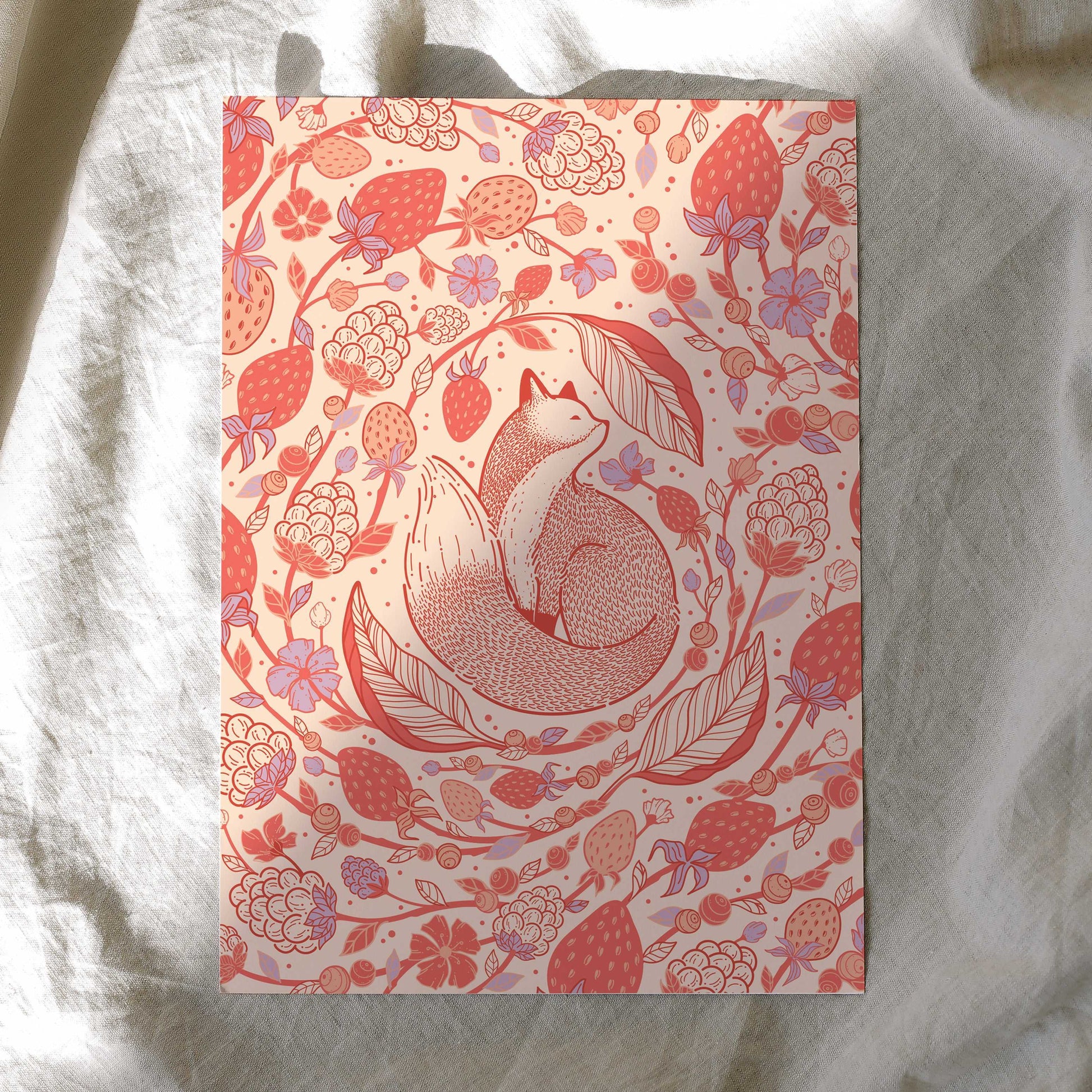 Artistic illustration of a red fox surrounded by berries on a blush background, perfect for home decor or accessories.