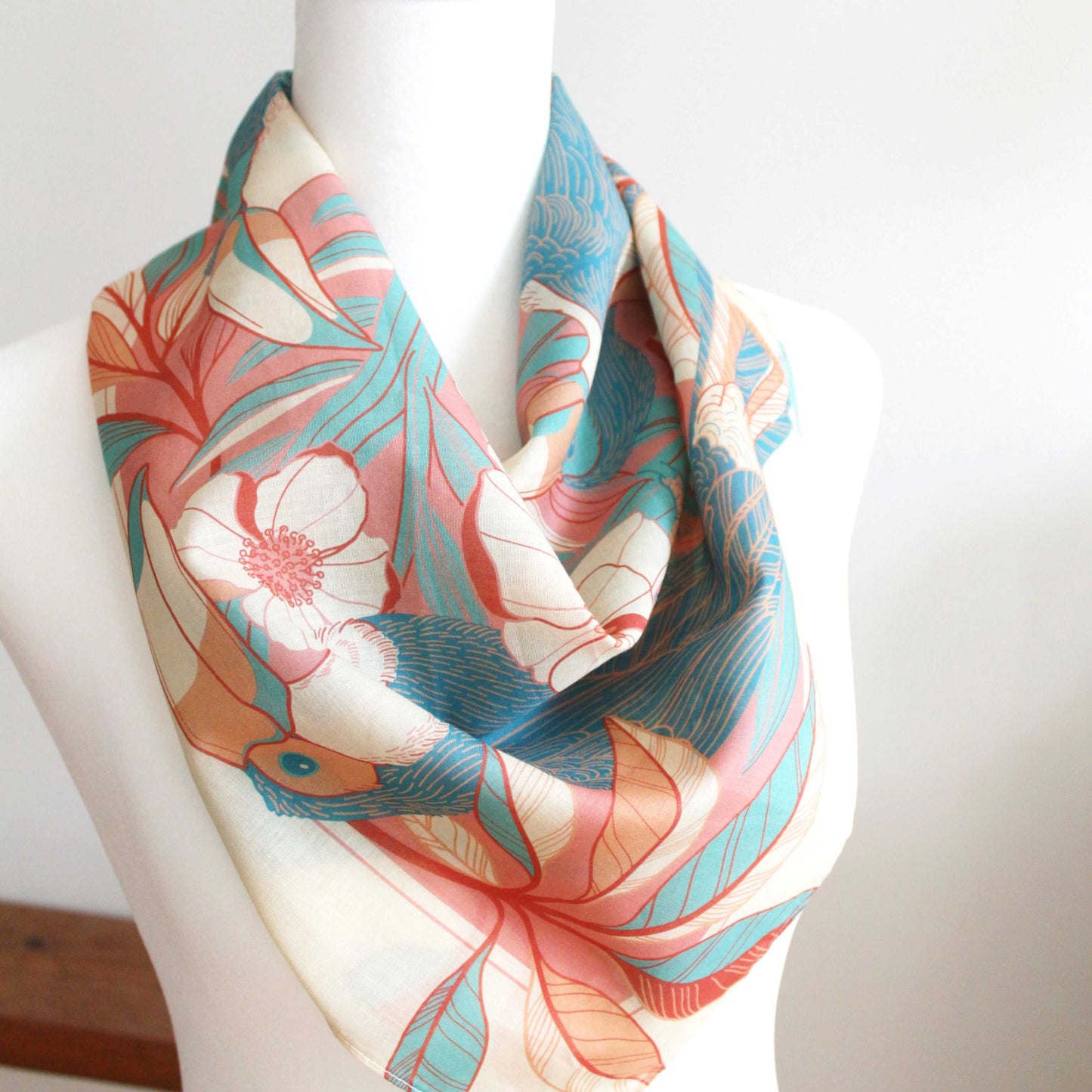 Toucan in Floral Jungle bandana scarf, lightweight cotton accessory for hair, pets, or bags in pink and blue tones.