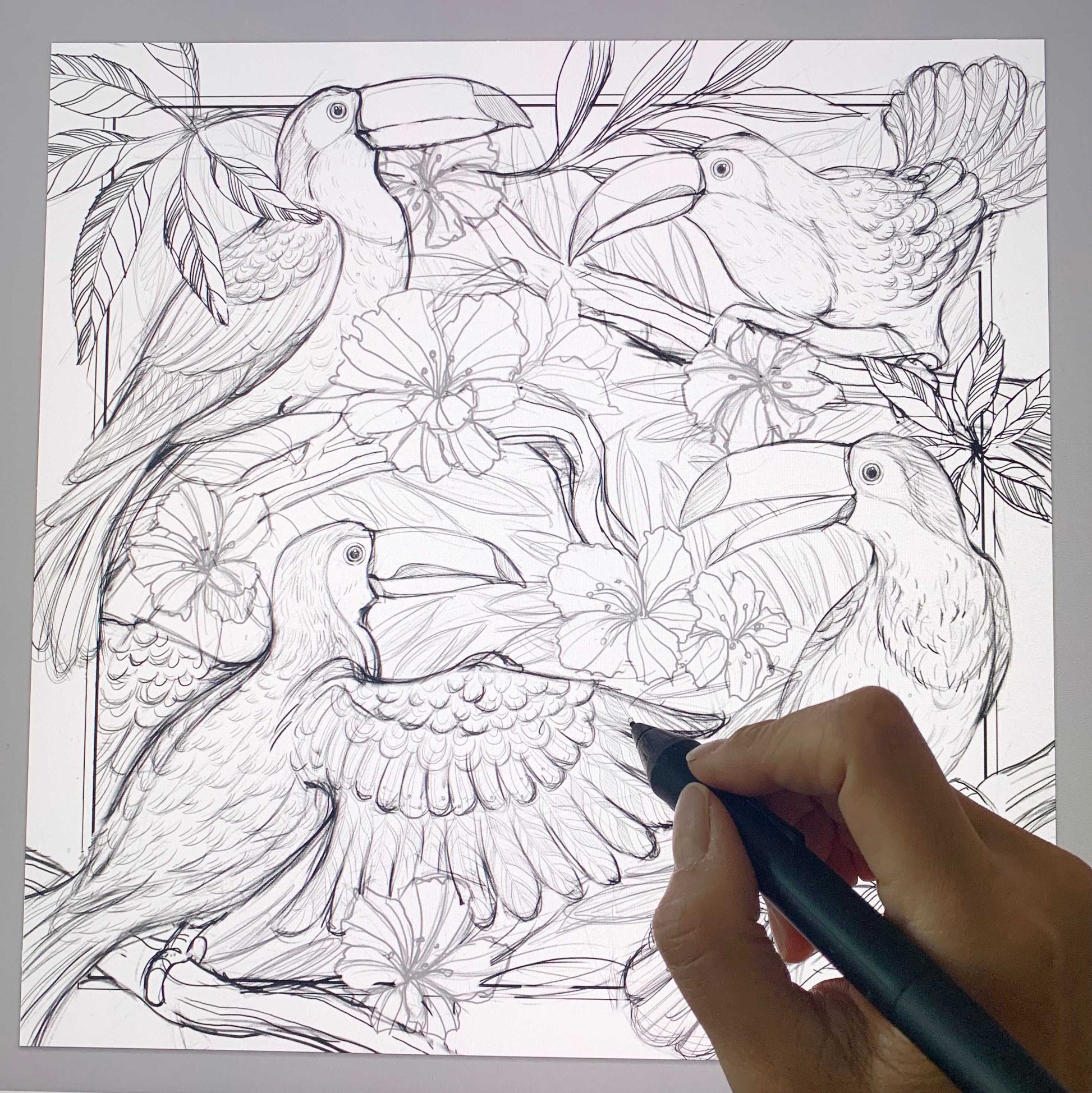 Hand illustrating a detailed line art of toucans in a floral jungle setting.