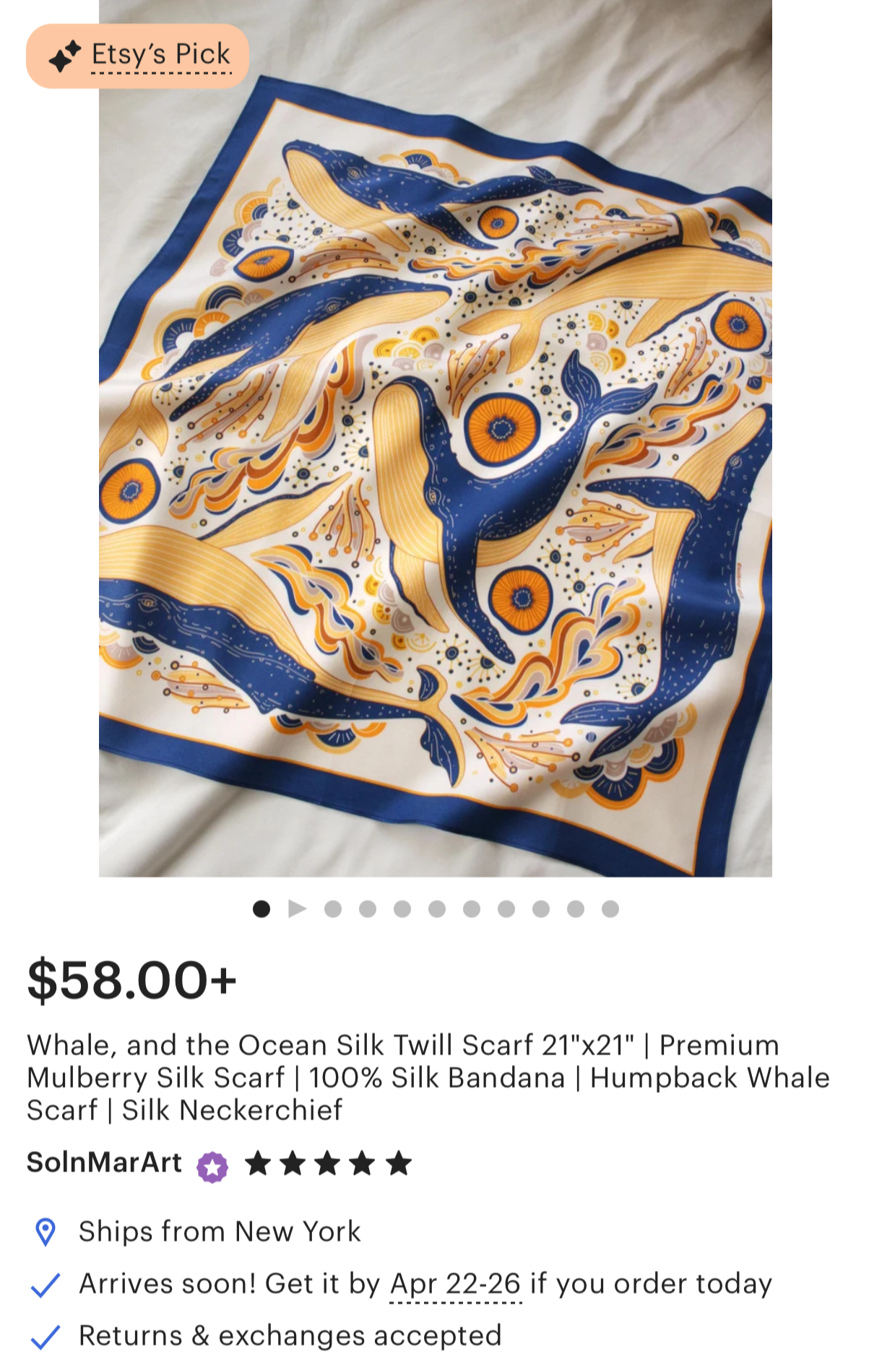 Whale and the Ocean Silk Twill Scarf 21x21 featuring illustrated humpback whale and ocean waves in vibrant colors.