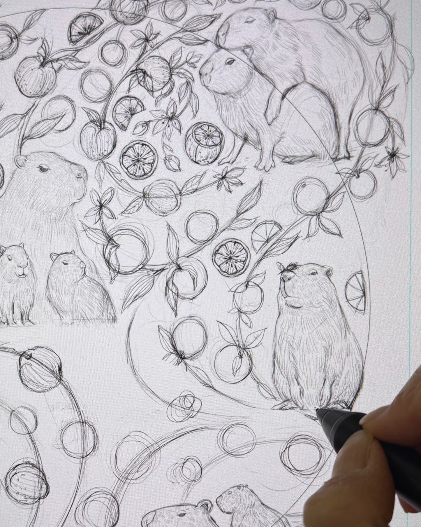 Hand-drawn pattern with capybaras and yuzu orange on a white background