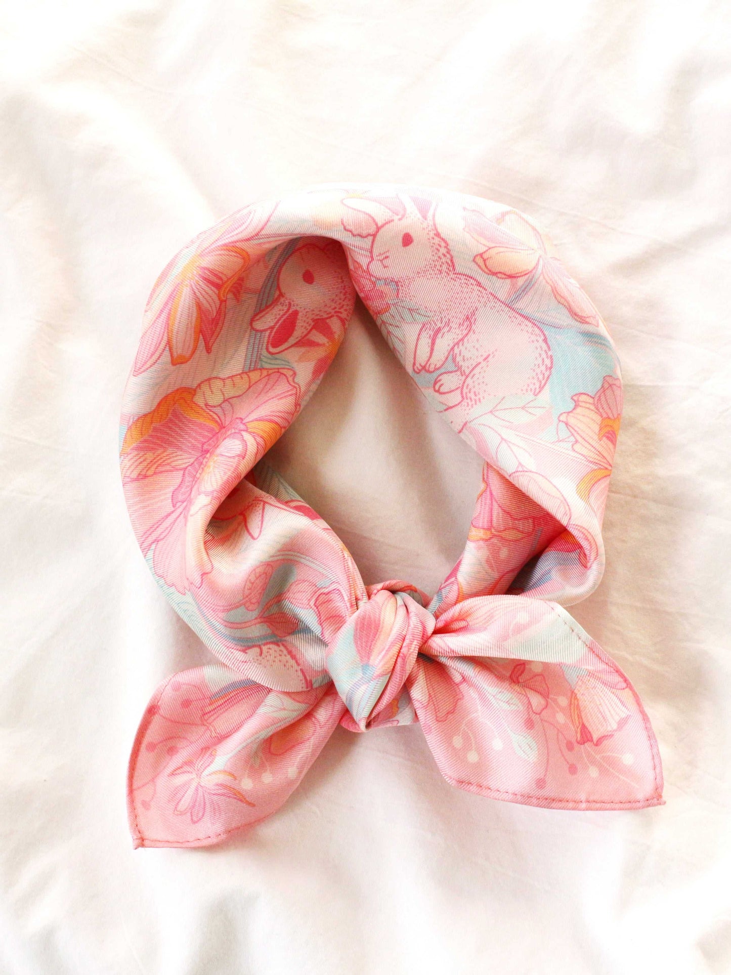 Bunny in Floral Breeze Silk Twill Scarf, 21 inch, 100% mulberry silk, featuring playful bunny and flower illustrations.