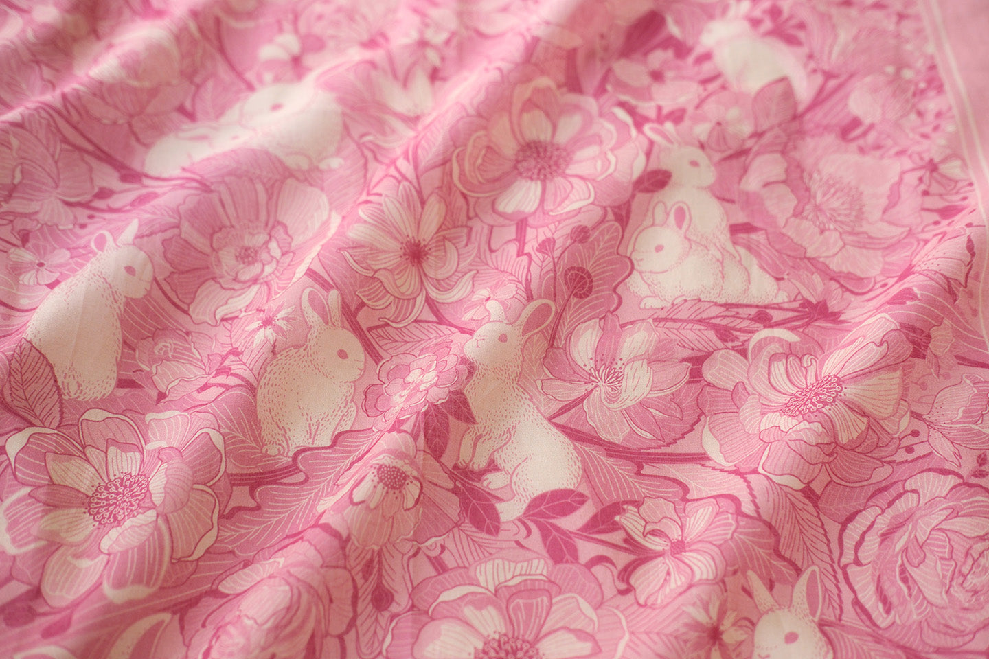 Floral Breeze Bandana Scarf featuring rabbits and pink flowers, perfect for accessories or decor.