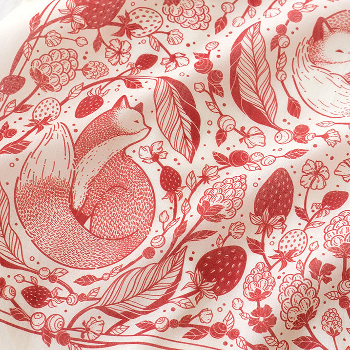 Fox&Berry Bandana Scarf featuring illustrated red foxes and berries on a blush background, perfect for accessories or decor.