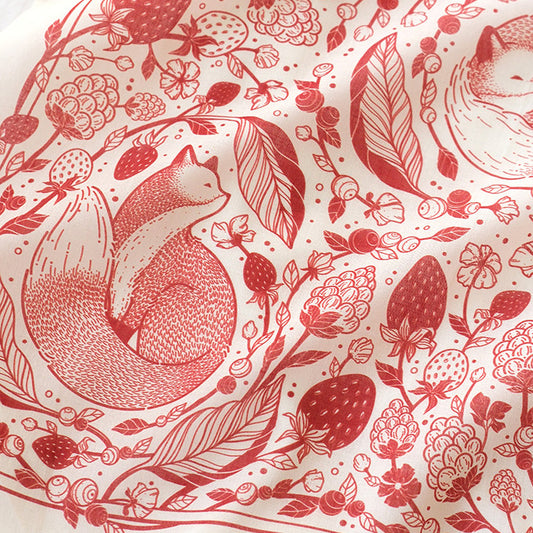 Fox&Berry Bandana Scarf featuring illustrated red foxes and berries on a blush background, perfect for accessories or decor.