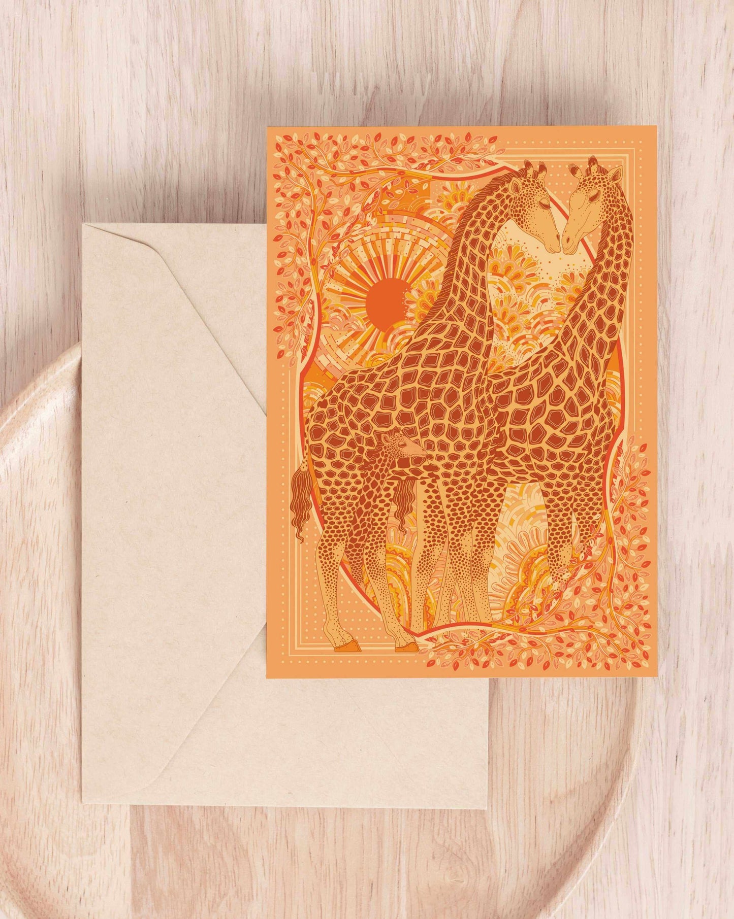 Giraffe art print featuring two giraffes in warm colors with sun and foliage design, perfect for wildlife lovers.