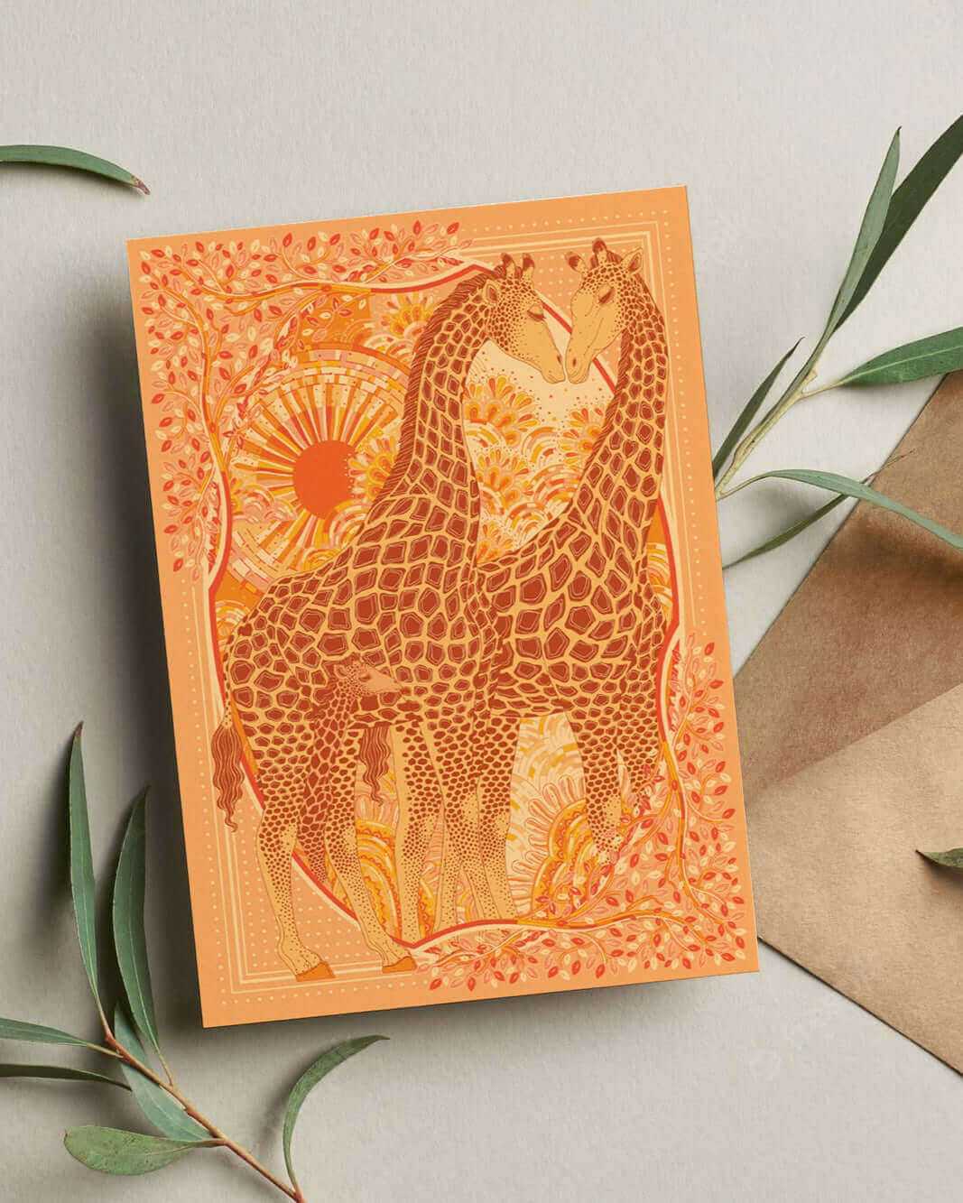 Giraffe family illustration in warm colors surrounded by trees and sunlight on an orange background.