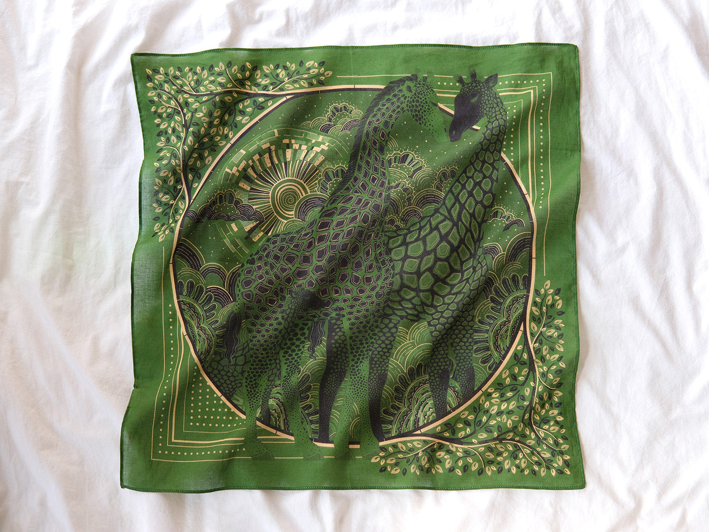 Olive green bandana scarf featuring a Giraffe family in Savanna Grassland art, lightweight and breathable.