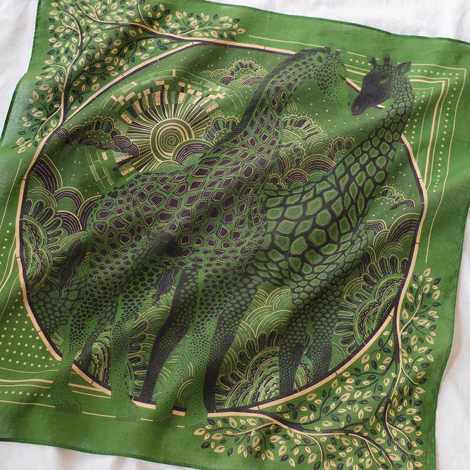 Giraffe, "Surya" in the Grassland Bandana Scarf (Olive Green)