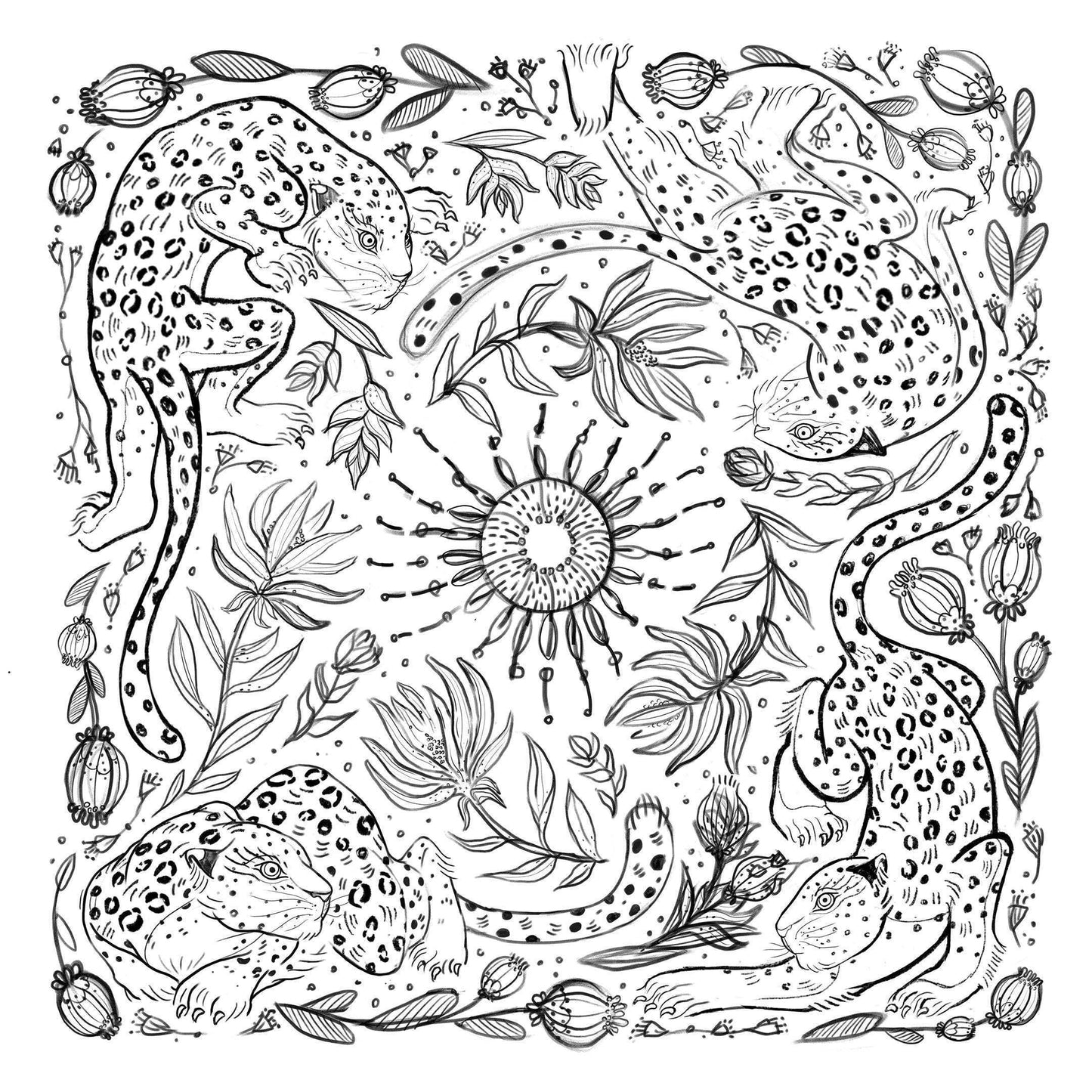 Leopard and Sun line art design on canvas tote bag, featuring organic cotton material and beautiful floral accents.