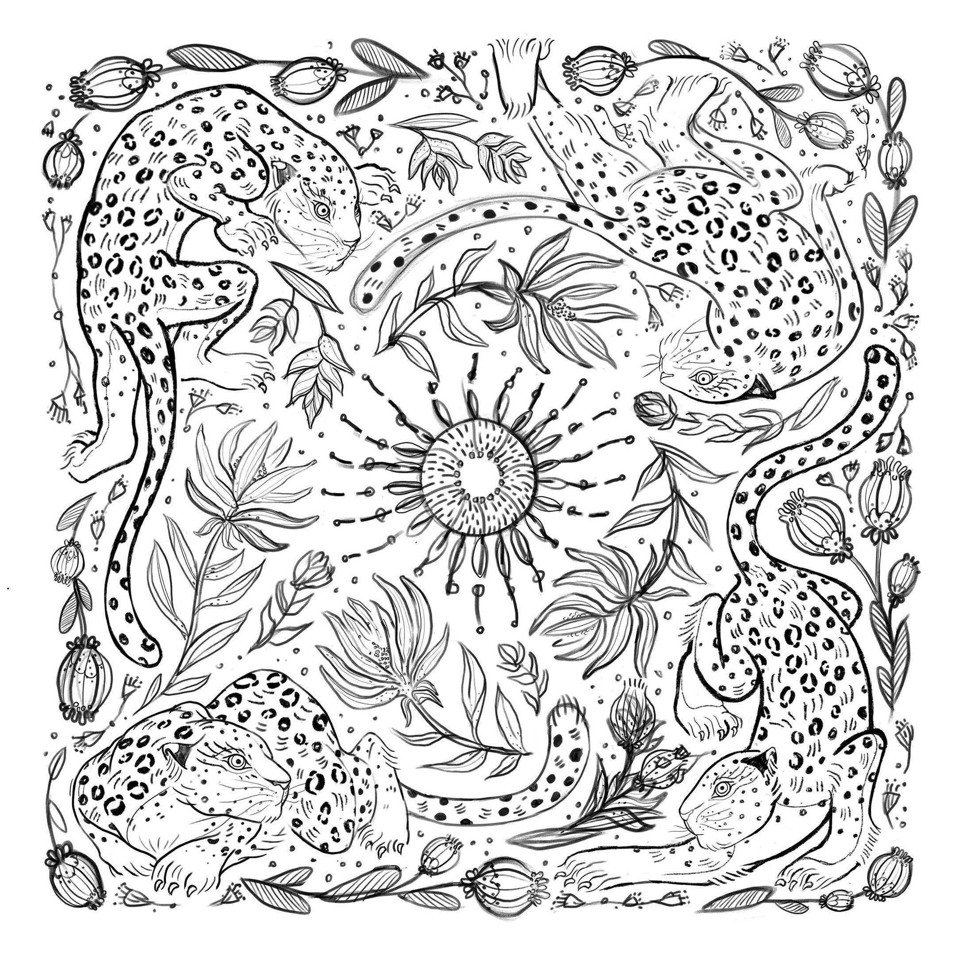 Leopard and Sun line art design on canvas tote bag, featuring organic cotton material and beautiful floral accents.