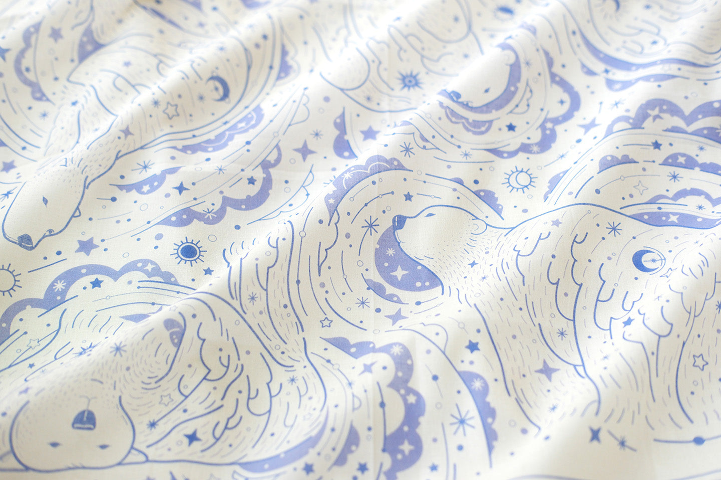 Polar Bear and Northern Sky pattern on soft off-white bandana scarf, featuring waves and stars design.