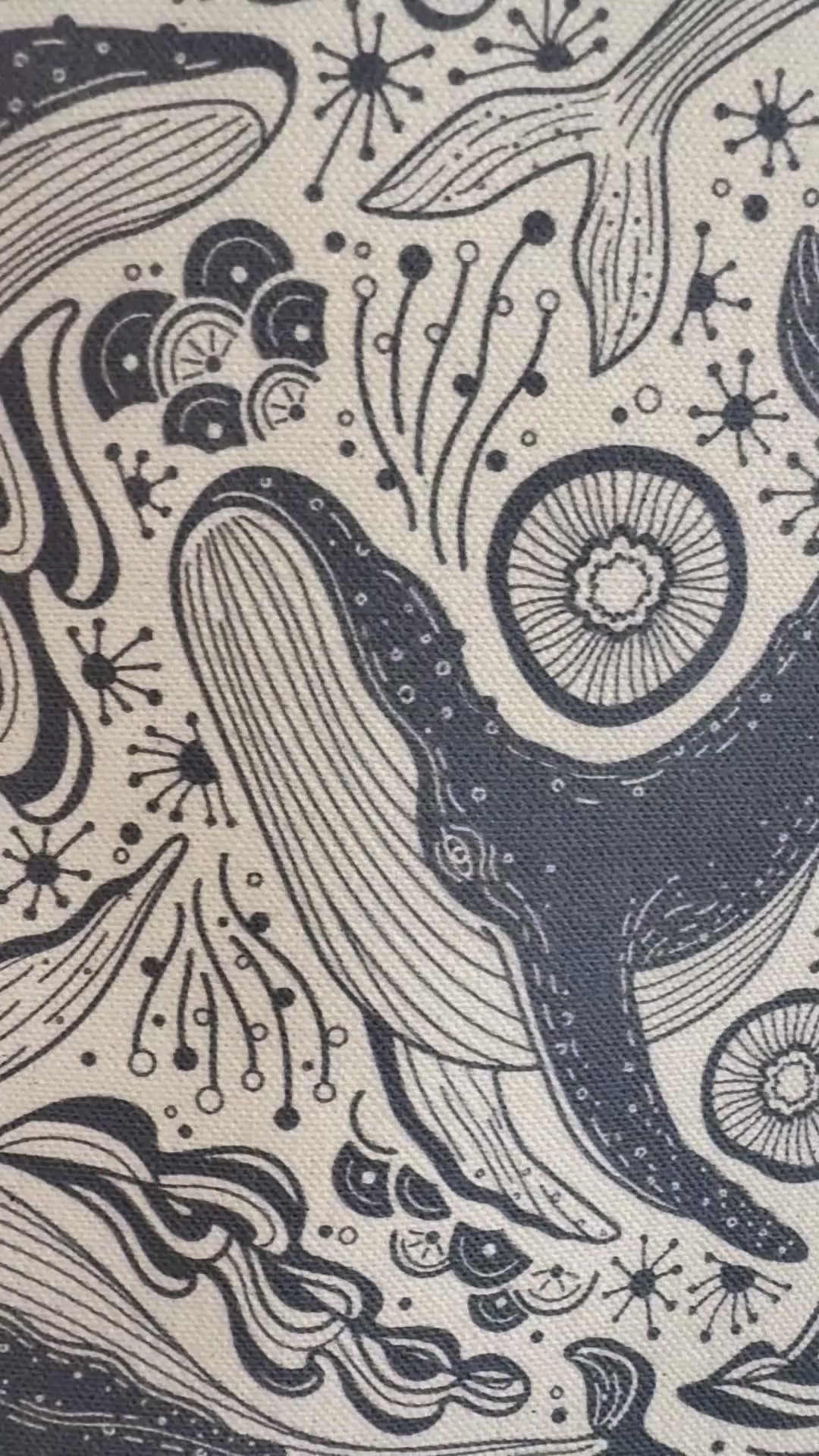 Illustrated Humpback whale and ocean patterns on organic canvas tote bag