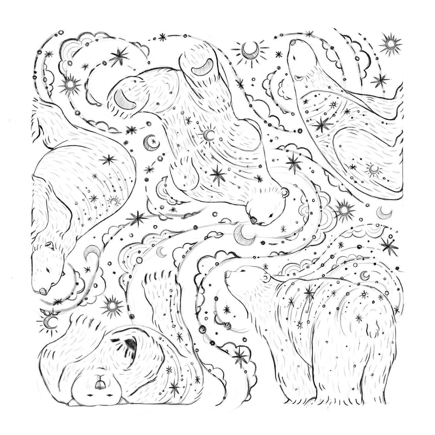 Illustration of polar bears intertwined with stars and celestial designs, perfect for nature enthusiasts.