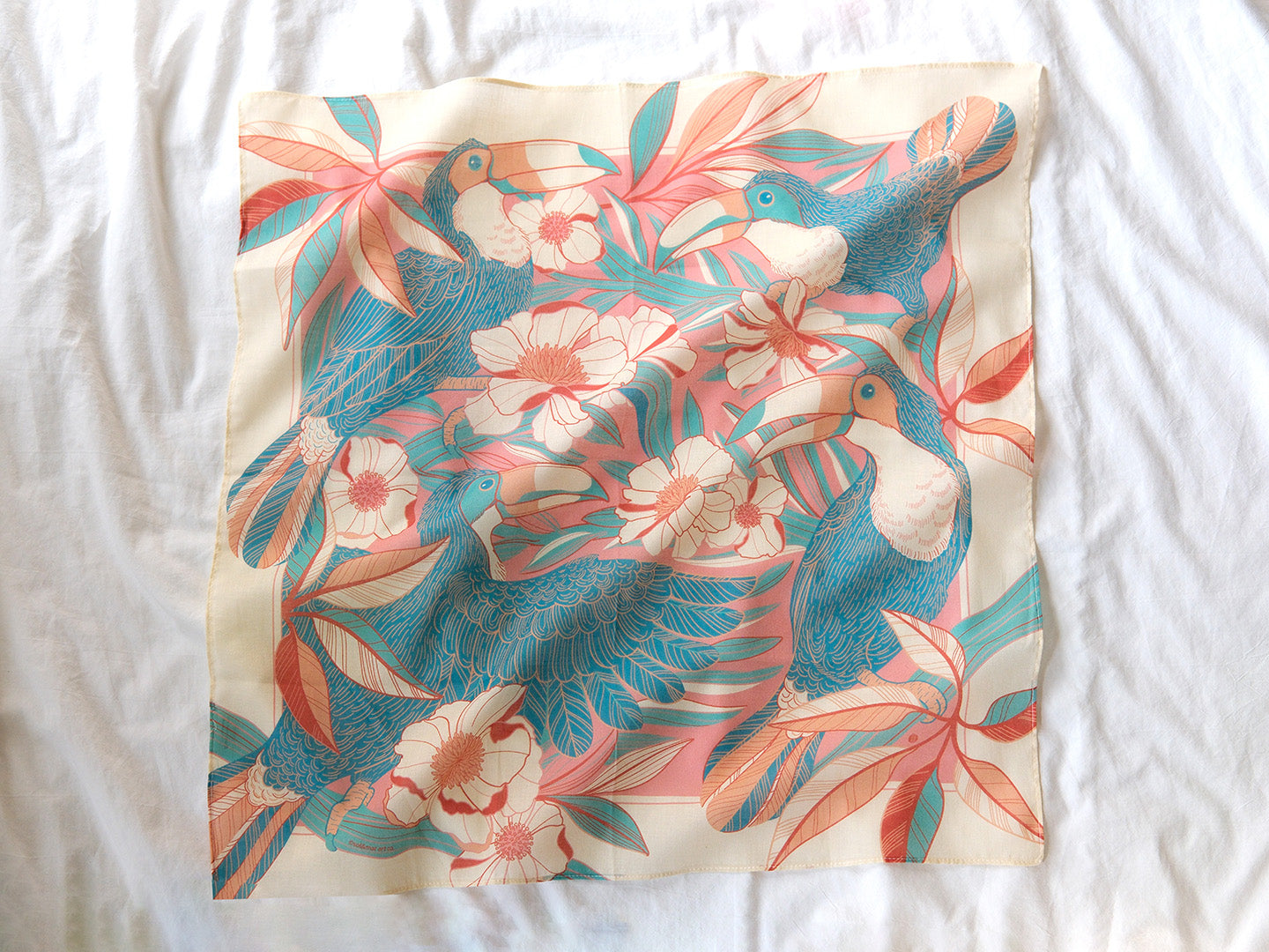 Floral Jungle bandana scarf featuring colorful toucans, perfect for hair accessories or pet decor.