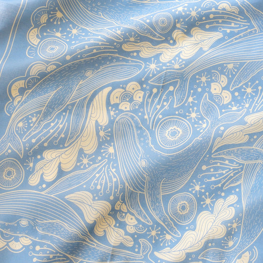 Light blue bandana scarf featuring intricate Humpback whale and ocean art design, perfect accessory for summer wear.