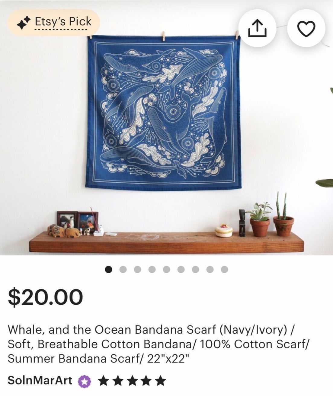Navy whale and ocean bandana scarf displayed on wall, soft 100% cotton, versatile summer accessory.