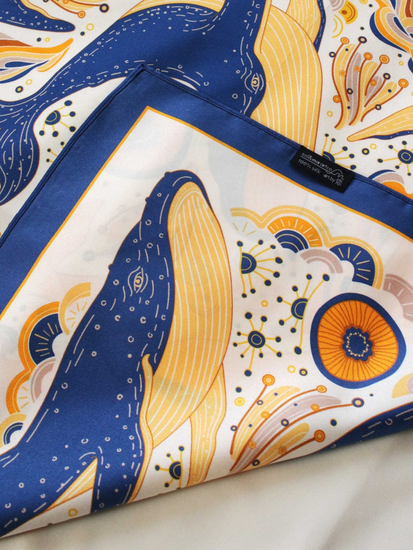 Whale and Ocean Silk Twill Scarf featuring illustrated Humpback Whales and ocean motifs, ideal as a hair or bag accessory.