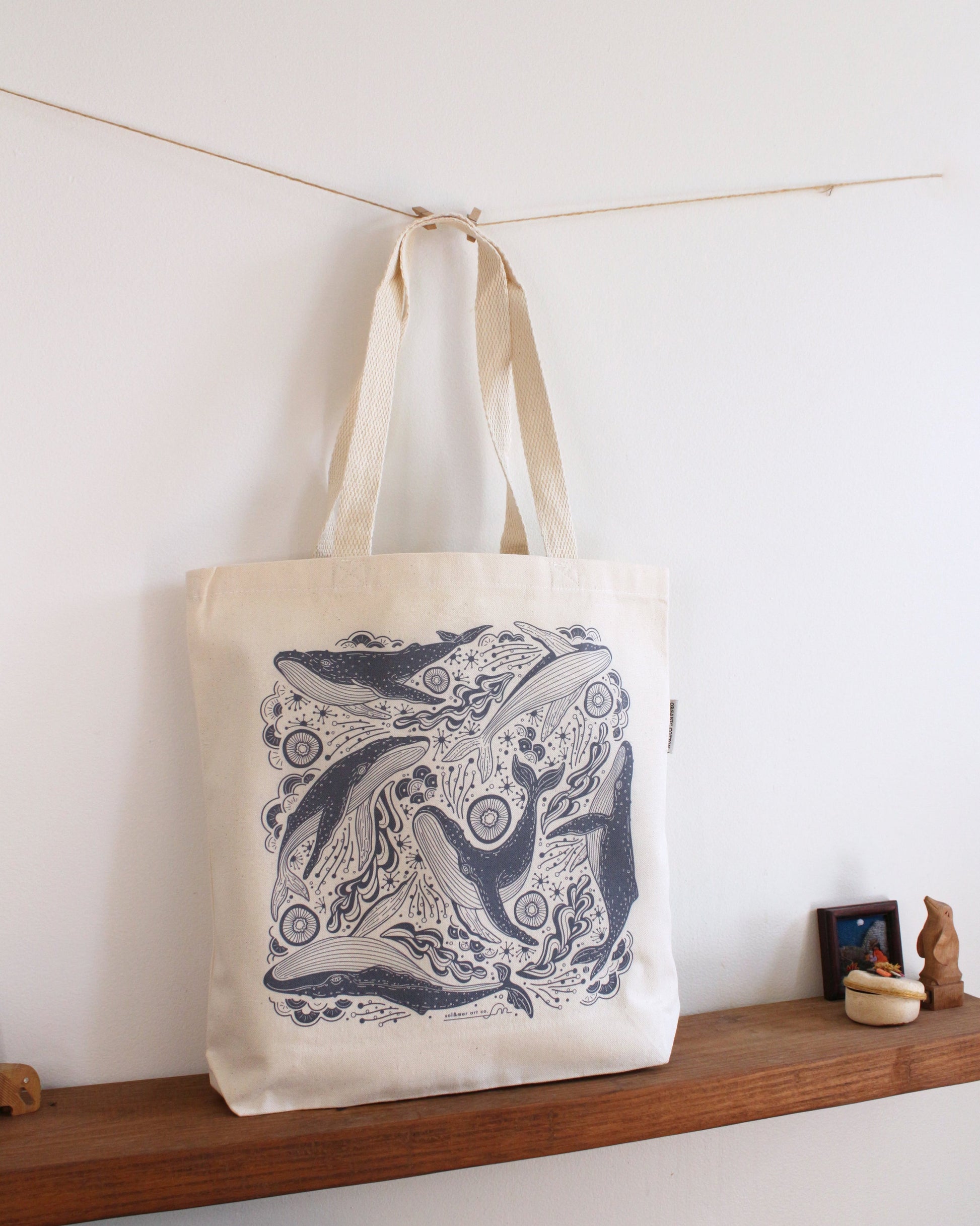 Whale and Ocean Canvas Tote Bag featuring beautiful Humpback whale line art on organic cotton canvas.