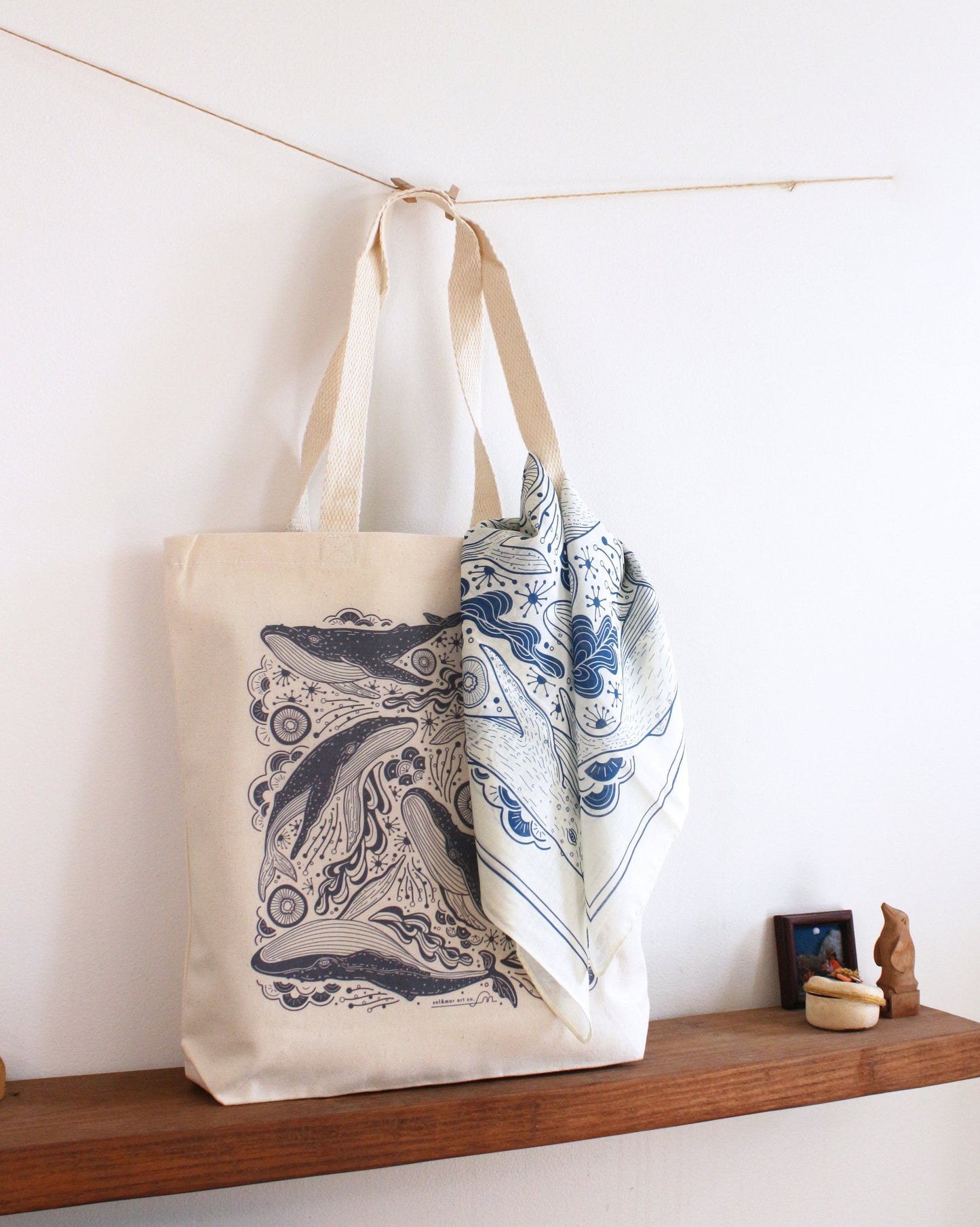 Whale and Ocean canvas tote bag features beautiful Humpback whale art, perfect for everyday use, with a stylish scarf.