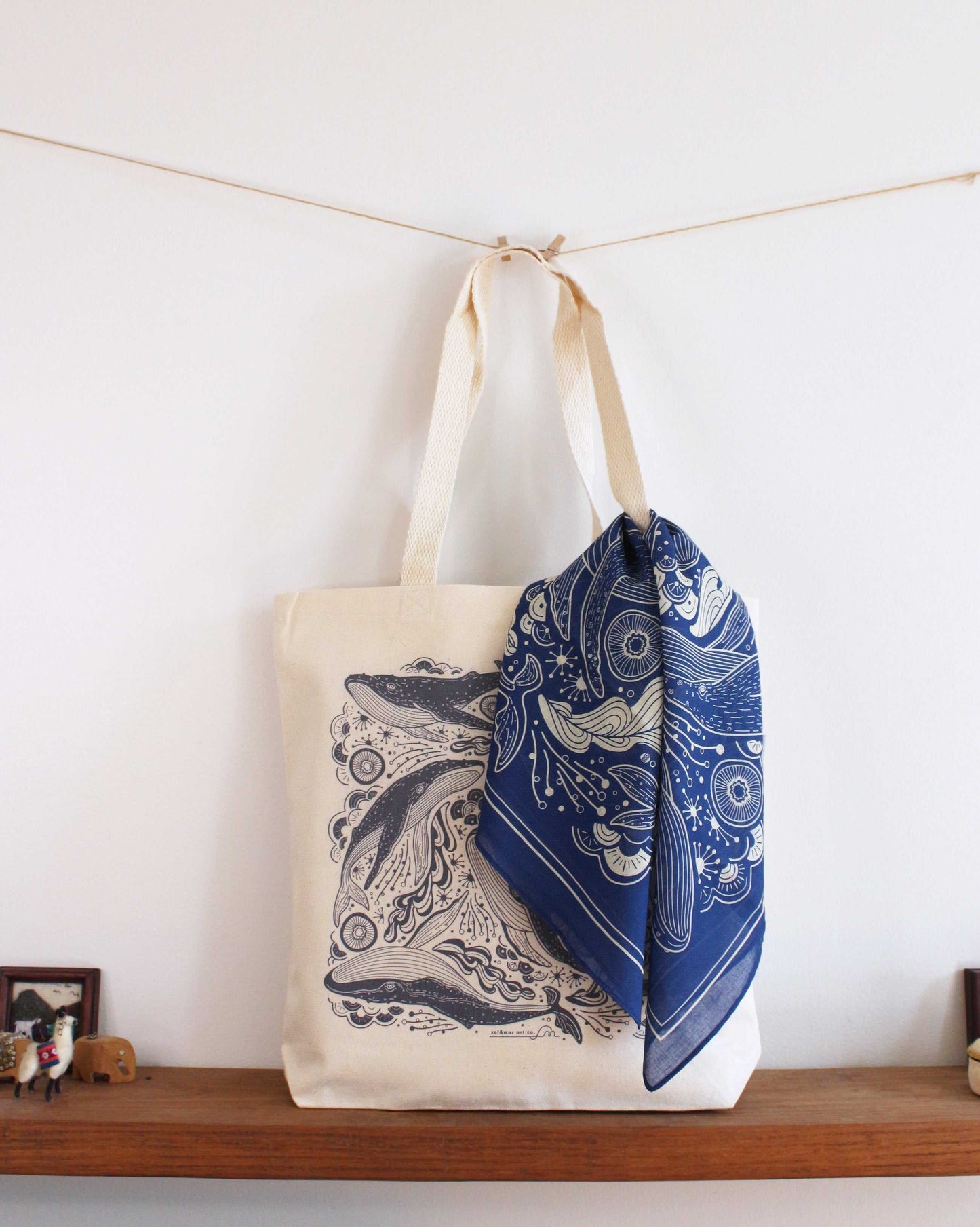 Whale tote bag + Bandana Gift set (Navy)