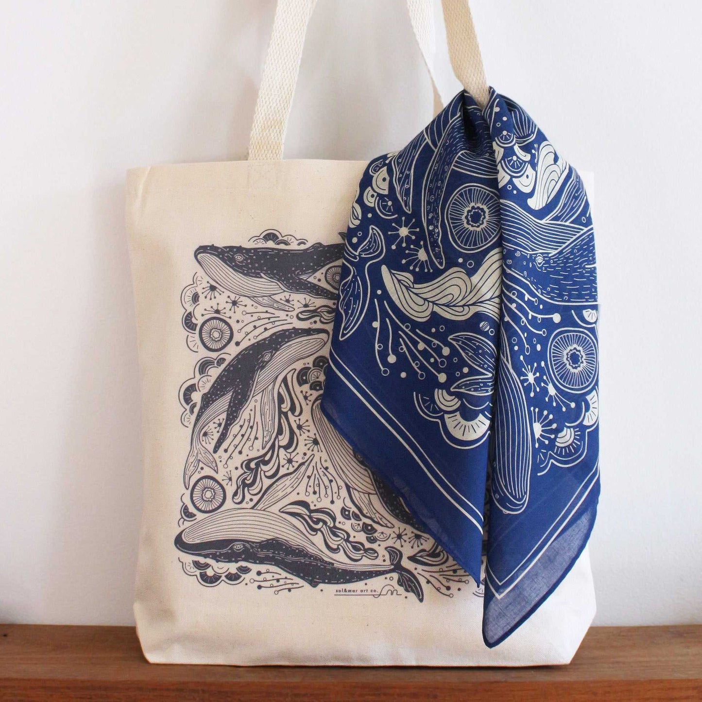 Whale tote bag + Bandana Gift set (Navy)