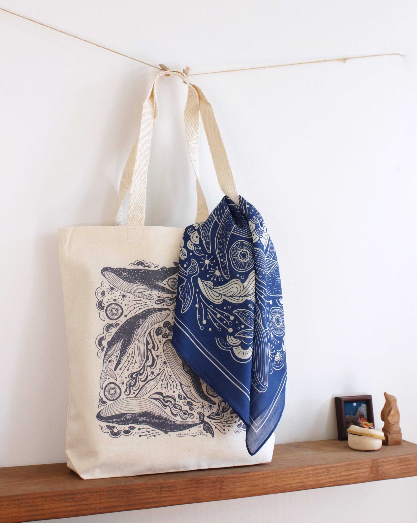 Eco-friendly tote bag featuring Humpback whale line art and a blue patterned scarf, perfect for everyday use.