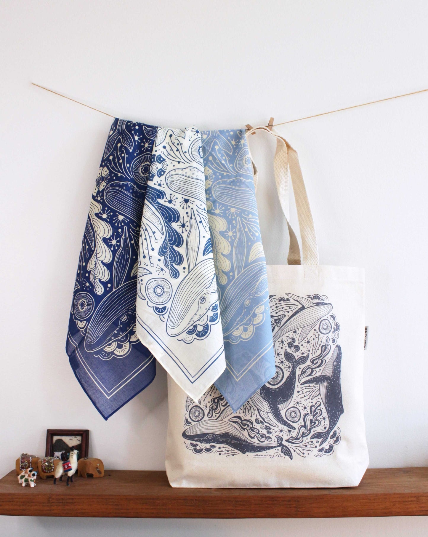 Whale tote bag + Bandana Gift set (Navy) Tote bag