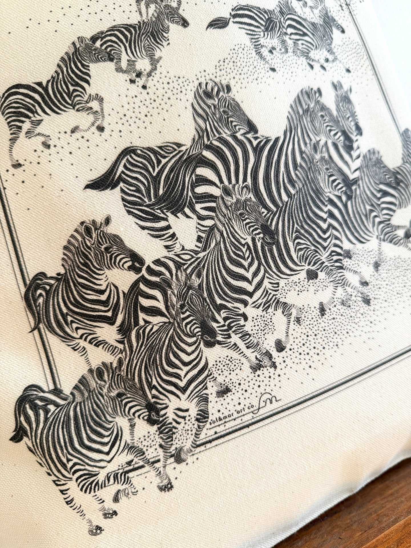 Herd of zebras in a dynamic running illustration on organic cotton canvas for the Zebra 'New Beginning' tote bag.