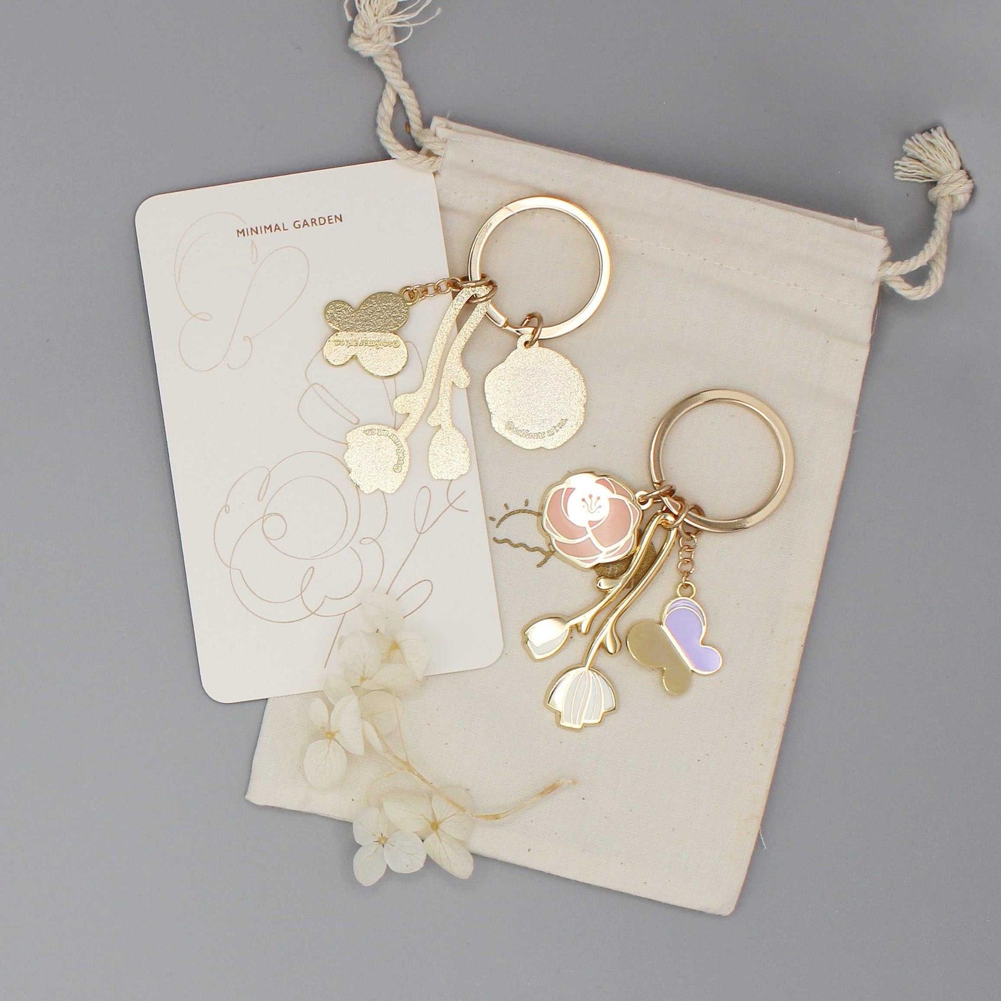 Minimal Garden Keychain featuring gold-plated flower charms and display card, showcasing elegant minimalist design.