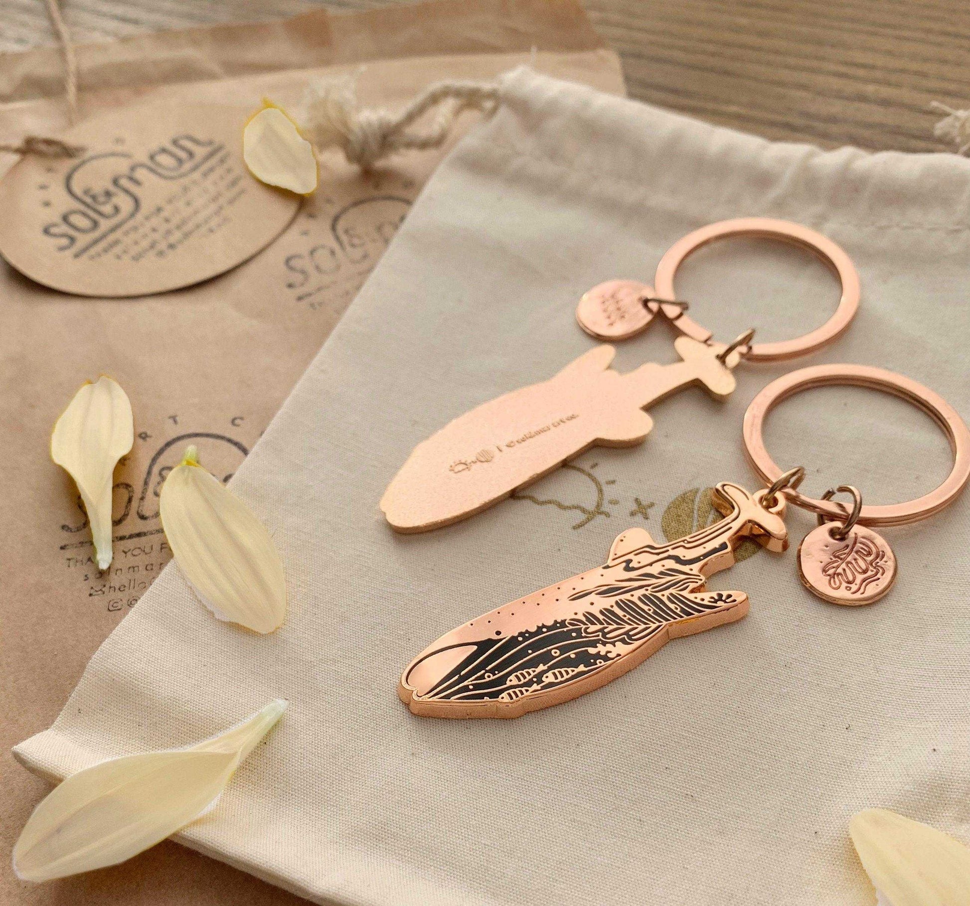 Whale Shark enamel keychain with delicate habitat art, eco-friendly packaging, promoting endangered species awareness.