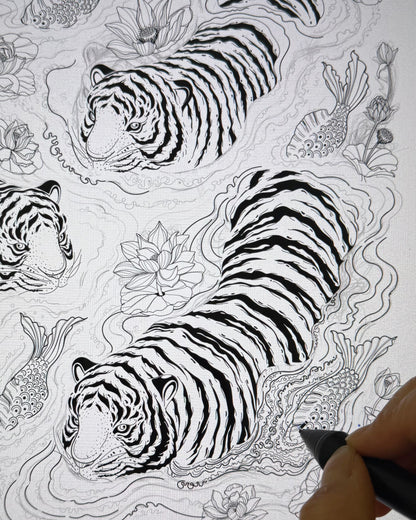 Hand-drawn illustration of tigers and lotus flowers on a white background