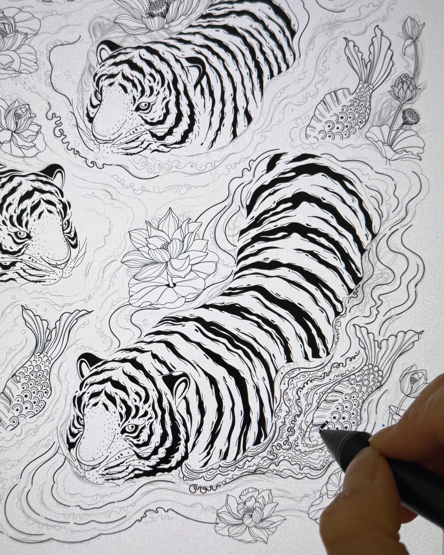 Hand-drawn illustration of tigers and lotus flowers on a white background