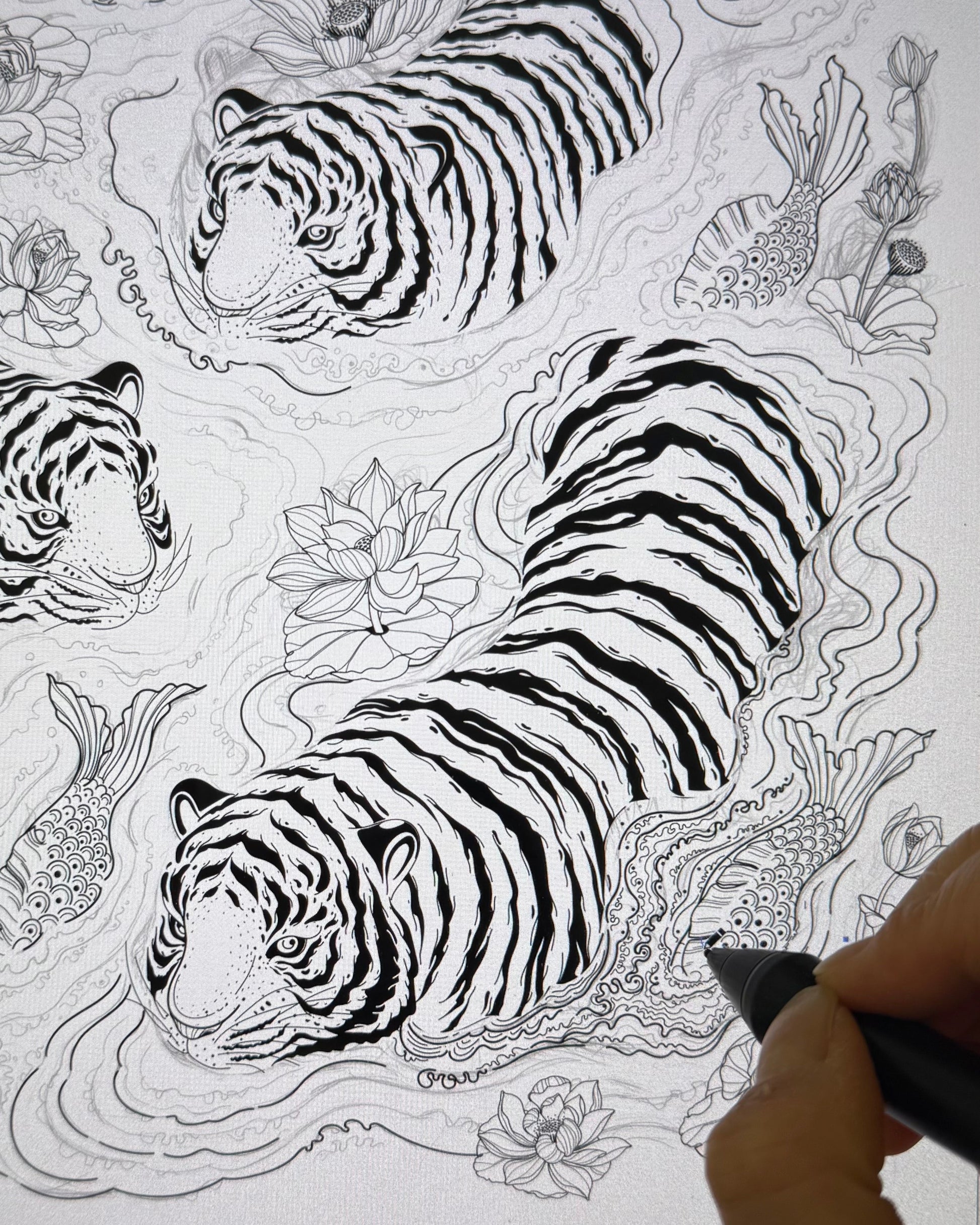 Hand-drawn illustration of tigers and lotus flowers on a white background