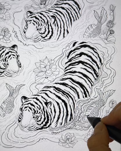 Hand-drawn illustration of tigers and lotus flowers on a white background