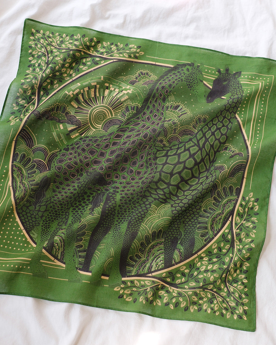 Giraffe family illustration on olive green bandana scarf, perfect for hair or bag accessories.