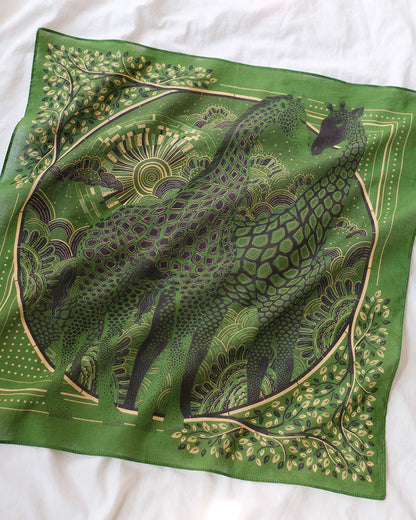 Giraffe family illustration on olive green bandana scarf, perfect for hair or bag accessories.