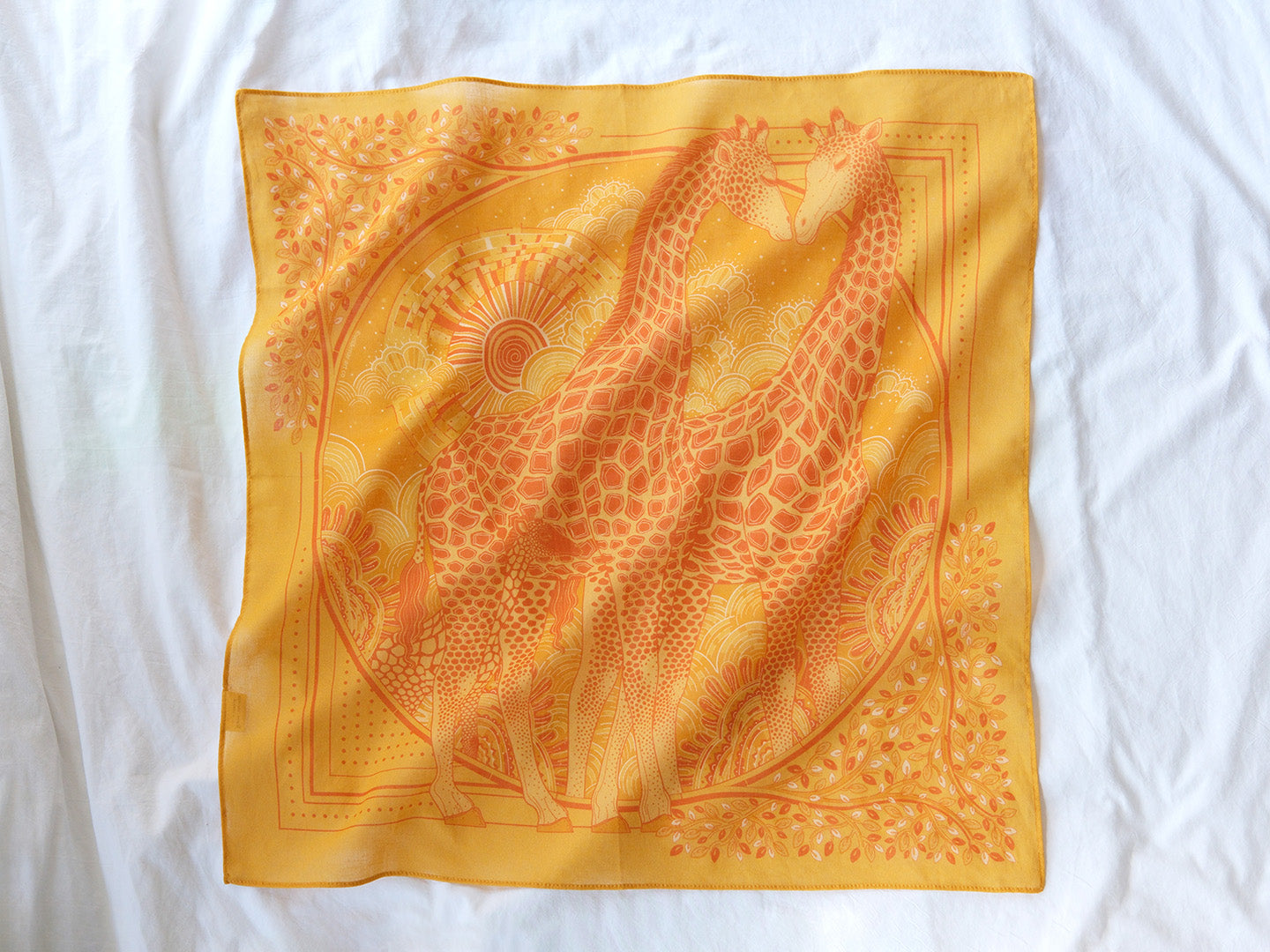 Golden yellow giraffe bandana scarf featuring a Giraffe family in Savanna grassland art, perfect for fashion and decor.
