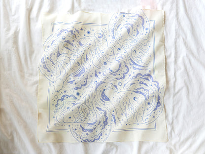 Polar Bear and Northern Sky design bandana scarf in off-white with soft blue art patterns.