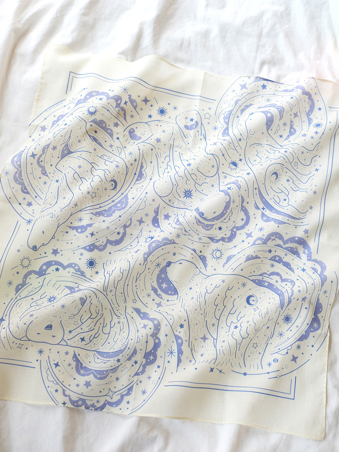 Off-white Polar Bear and Northern Sky bandana scarf featuring artistic polar bear design with stars and waves.