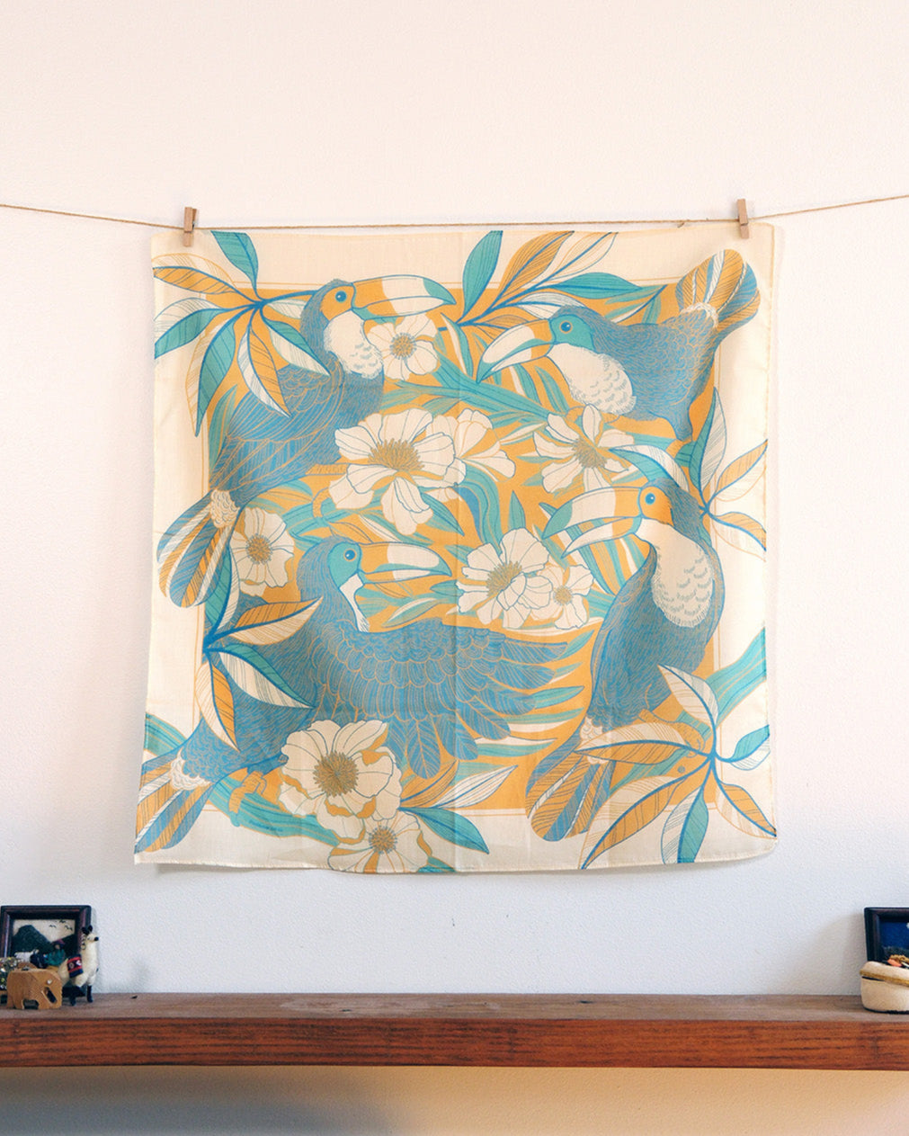 Toucan in Floral Jungle Bandana Scarf (Yellow) featuring tropical leaves and flowers, perfect for hair or bag accessories.