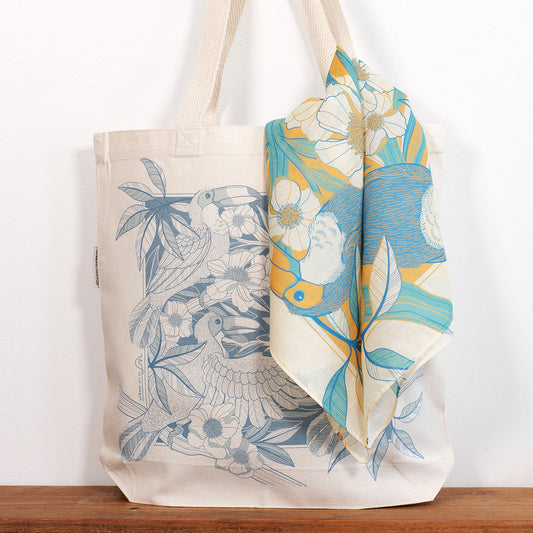 Toucan Bird Tote Bag + Bandana Scarf Set (Yellow)