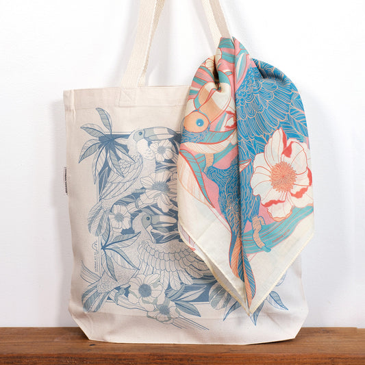 Toucan Bird Tote Bag + Bandana Scarf Set (Pink)