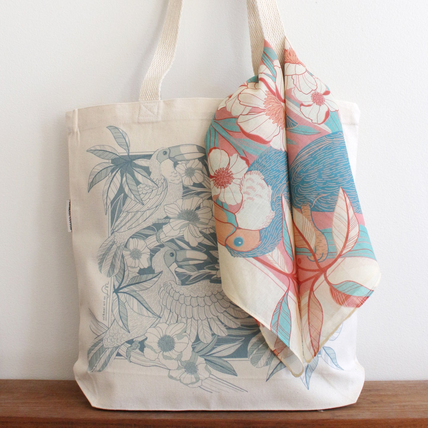 Toucan Bird Tote bag + Bandana Scarf Set (Pink)