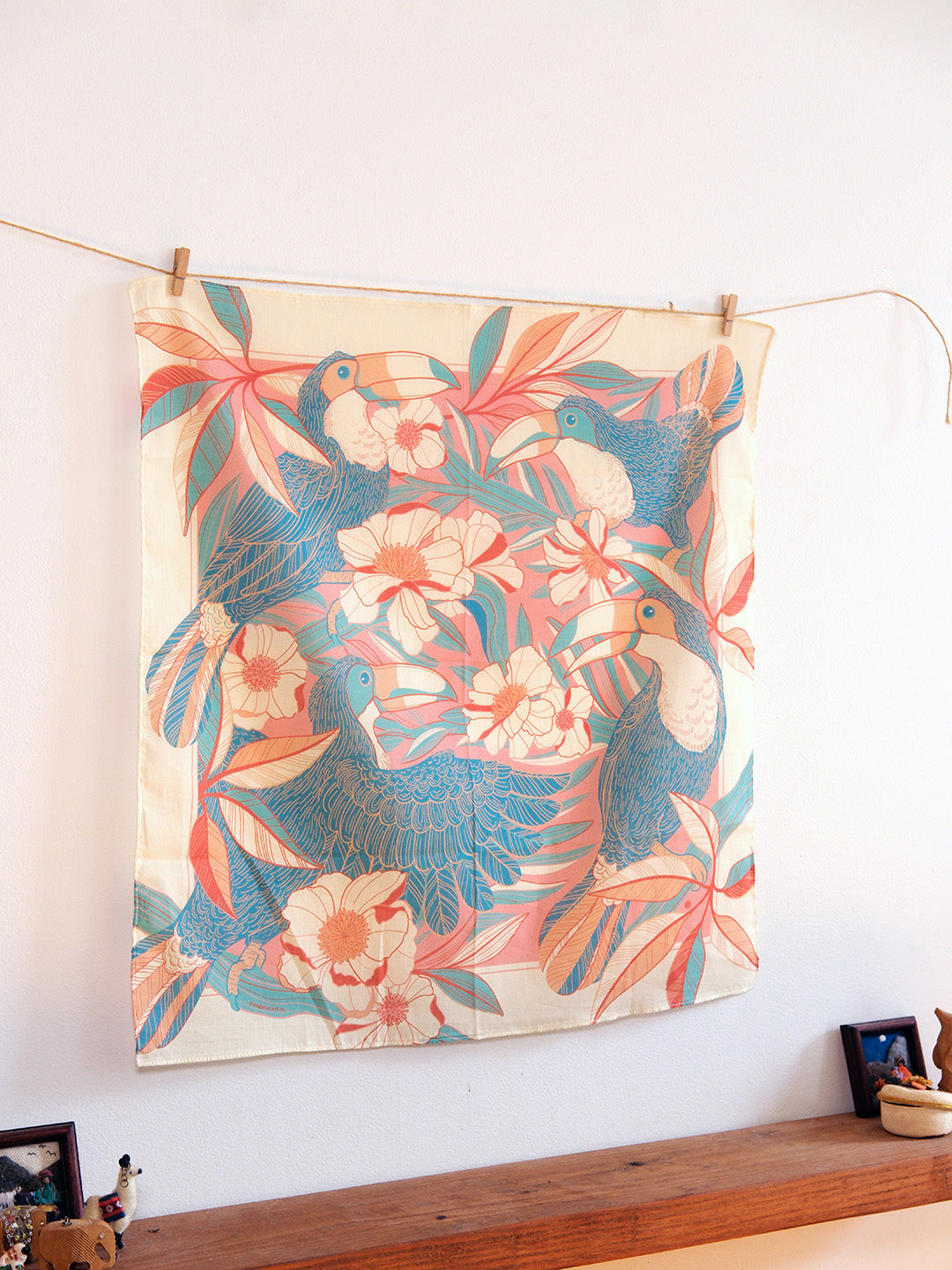 Toucan in Floral Jungle Bandana Scarf, pink floral design featuring toucans, perfect for accessories or decor.