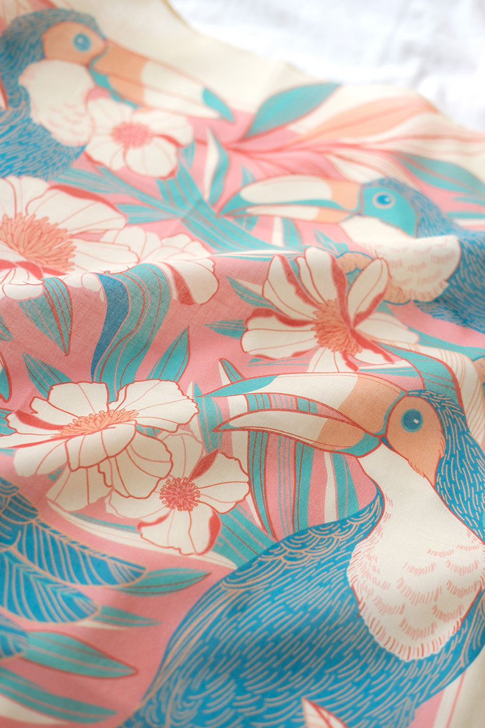 Toucan in Floral Jungle design, soft cotton bandana scarf in pink with tropical flowers and vibrant colors.