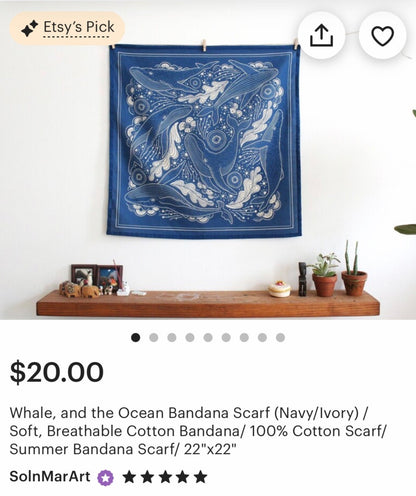Whale, and the Ocean Bandana Scarf (Navy)